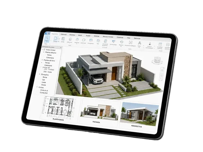 Tablet com um projeto aberto no Revit: modelo 3D, planta baixa, fachada e perspectiva