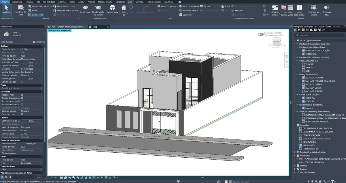 Projeto aberto no Revit, na vista 3D