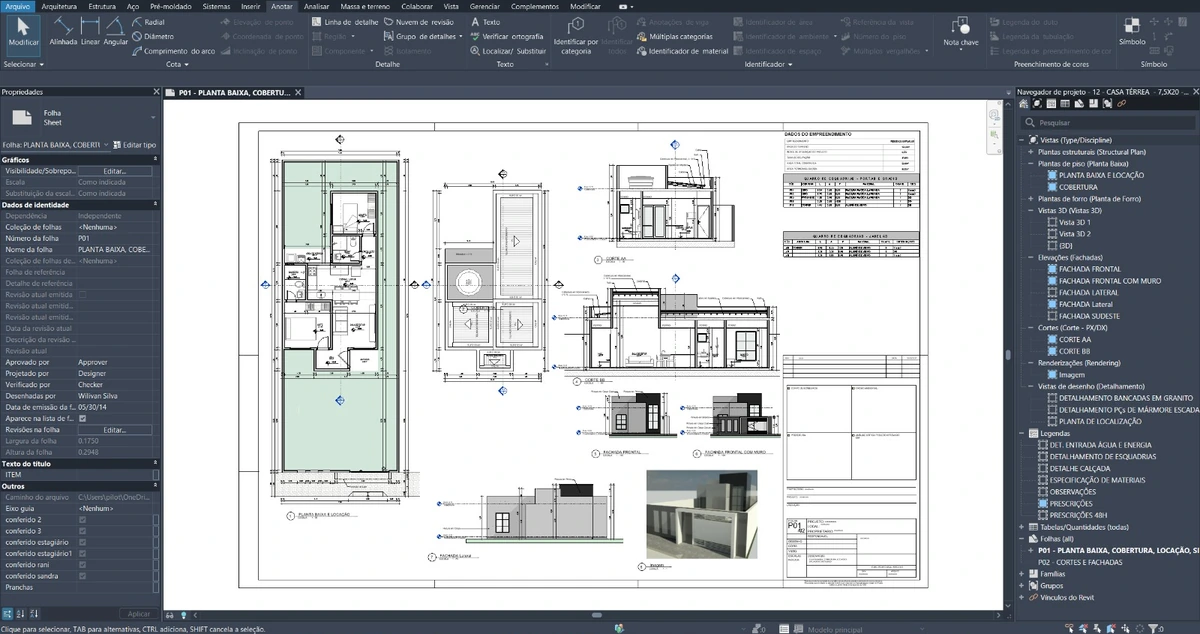 Prancha de planta baixa, cortes e fachadas no Revit