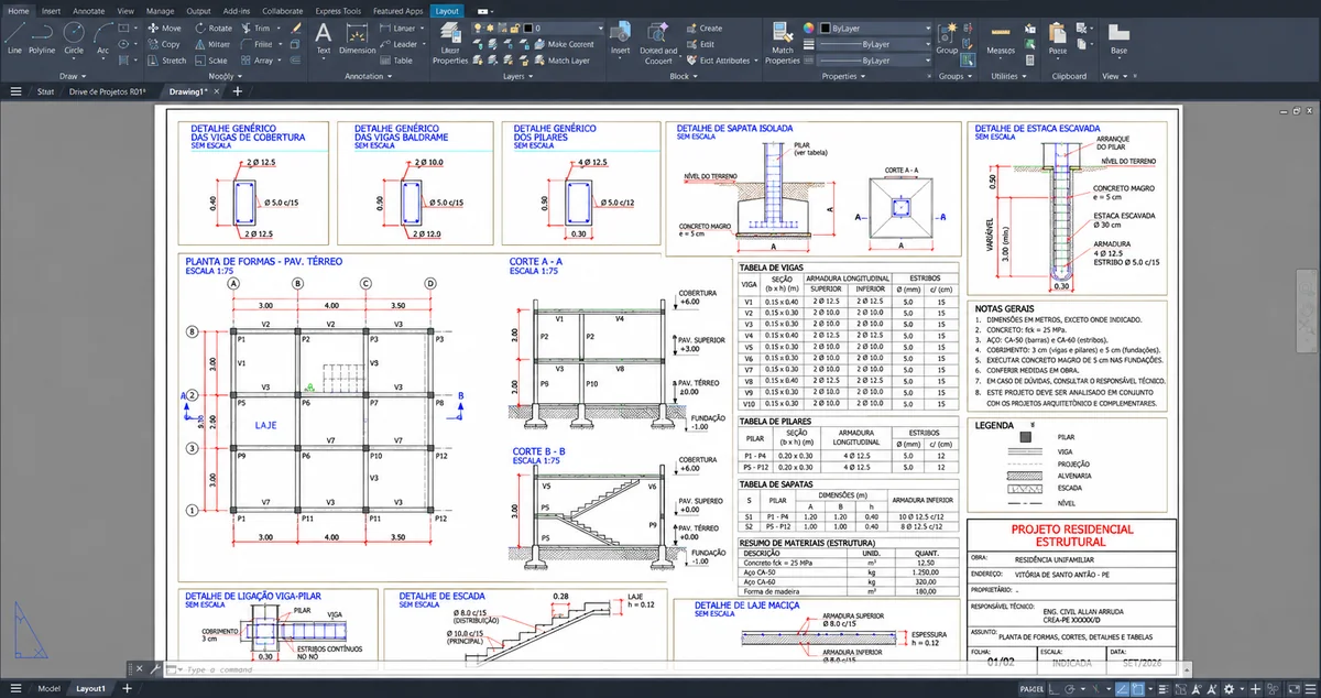 Projeto estrutural no AutoCAD: planta de formas, cortes, tabelas de vigas e pilares e detalhes estruturais