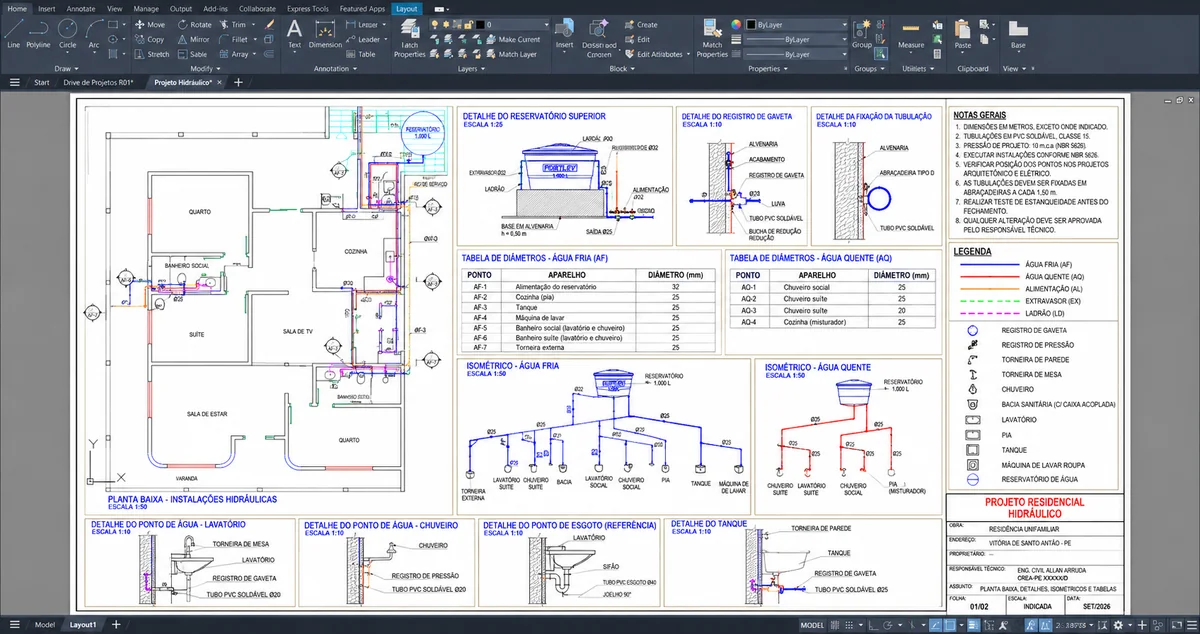 Projeto hidráulico no AutoCAD: planta baixa, isométrico de água fria e quente, detalhes e tabelas