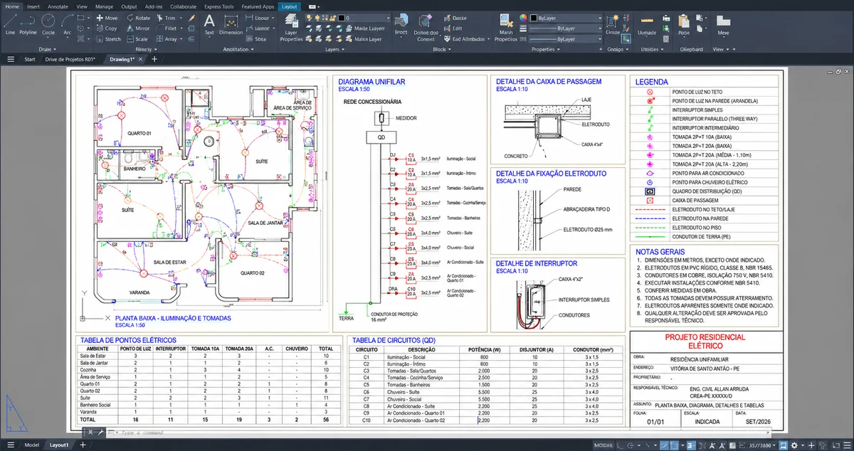 Projeto elétrico no AutoCAD: planta baixa de iluminação e tomadas, diagrama unifilar, quadro de cargas e detalhes